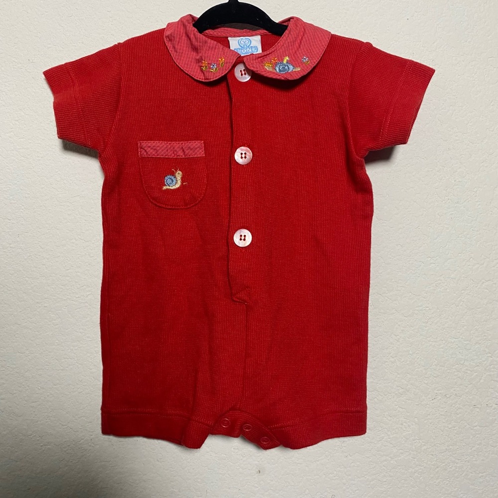 Lione Vintage Red Baby Romper Snail Embroidery Peter Pan Collar Size 3 Months